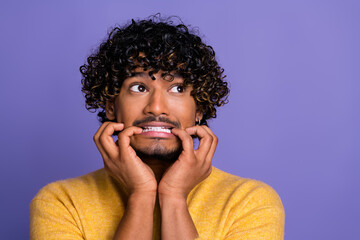 Sticker - Photo of terrified frightened man wear trendy yellow clothes look empty space isolated on violet color background