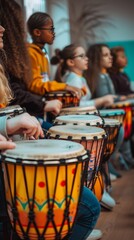 Wall Mural - A group of children are playing drums in a circle