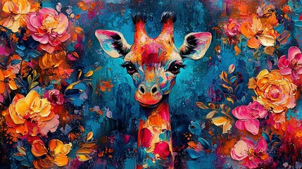   A giraffe painted in a field of flowers against a blue backdrop with orange and pink tones