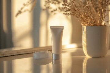 Poster - A tube of cream is placed on a table, with its reflection visible in a mirror, as sunlight bathes the interior in a warm glow. Generative AI