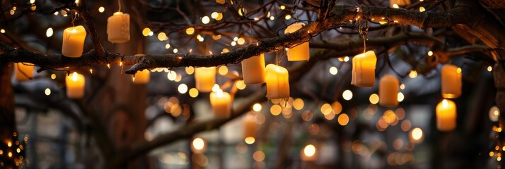 Poster - Twinkling lights and candles suspended from branches create a cozy atmosphere.