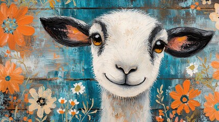 Wall Mural -   Close-up of a painting of a goat with flowers on its face against a blue background featuring orange, yellow, and white blossoms