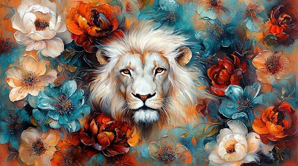 Wall Mural -  A white lion on a blue-orange background, surrounded by red, orange, and blue flowers