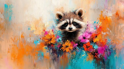 Wall Mural -  Raccoon with Flowers