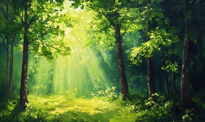 Poster - Sunbeams Illuminating a Lush Green Forest