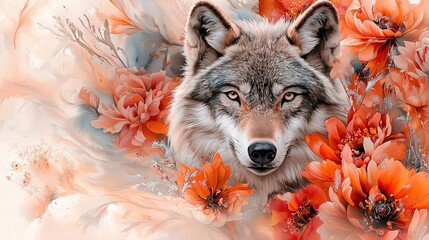 Sticker -   A Wolf close-up with flowers in the foreground and a painted wolf in the backdrop