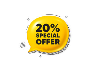 Wall Mural - 20 percent discount offer tag. Comic speech bubble 3d icon. Sale price promo sign. Special offer symbol. Discount chat offer. Speech bubble comic banner. Discount balloon. Vector