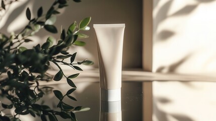 Poster - The cream tube stands upright, reflecting softly in a mirror, surrounded by lush greenery and warm sunlight filtering through. Generative AI
