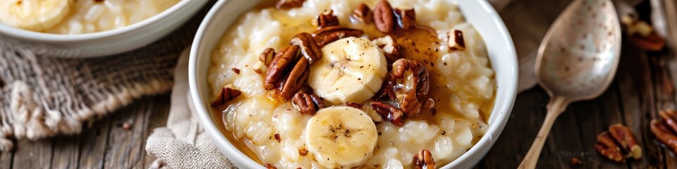 Delicious Rice Pudding Topped with Caramelized Bananas, Honey, and Pecans