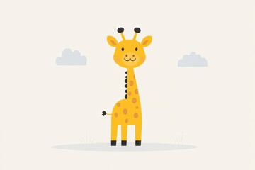 Cute cartoon giraffe illustration with clouds on a minimalist background