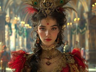 A young woman in a red and gold dress with a jeweled headdress, looking directly at the camera.