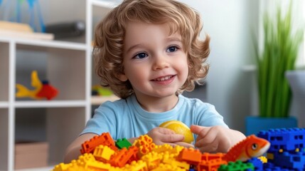 Sticker - A young boy with blue hair sitting on a table holding an orange, AI