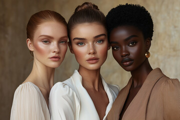 Three women with different skin tones are posing for a photo. The photo is meant to celebrate diversity and showcase the beauty of different skin tones