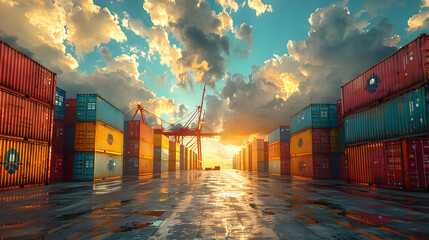 Wall Mural - Sunset over Container Stacks at the Port - 3D Illustration