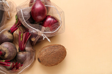 Canvas Print - Eco bags with different fresh products on beige background