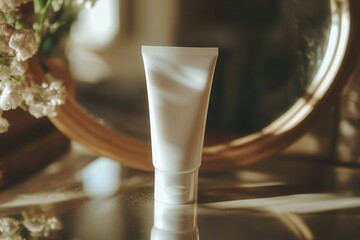 Poster - A white tube of cream is centered in front of a mirror, reflecting warm sunlight and delicate flowers in a tranquil morning setting. Generative AI