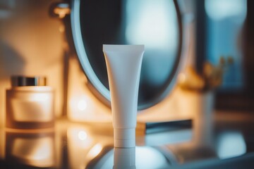 Poster - A tube of cream stands in front of a mirror, illuminated by gentle light, suggesting a tranquil moment in a beauty routine. Generative AI