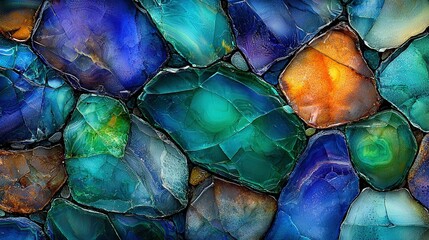 Wall Mural -   A close-up of a colorful glass mosaic featuring shades of green, orange, and blue on the glass