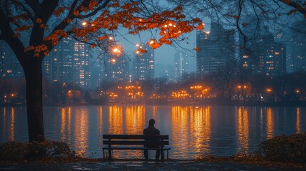 Canvas Print - A solitary figure resting on a park bench by a shimmering lake at dusk, surrounded by city lights and autumn foliage