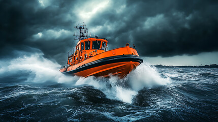 Orange rescue boat battling through stormy seas under a dark, ominous sky. Perfect for themes of adventure, resilience, and maritime rescue operations.