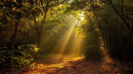 Wall Mural - golden sunlight streaming through the branches of a dense forest, illuminating a path covered in fallen leaves, creating a peaceful and inviting scene, with copy space for text