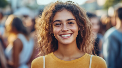 A cheerful young woman smiling at the camera amidst a crowd, capturing the joy of social interaction. This image is perfect for illustrating themes of community, happiness, and connection.