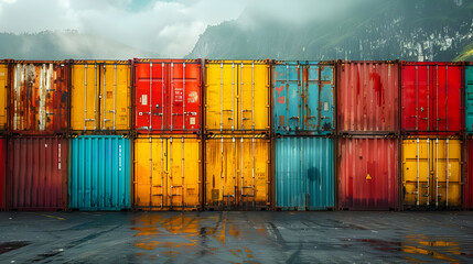 Poster - Colorful Shipping Containers in a Row with Mountains in the Background Photo