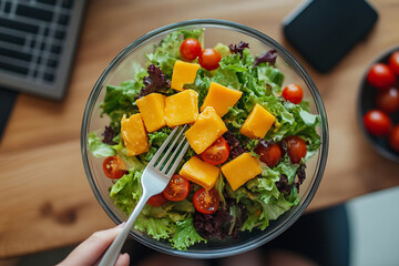 a person is eating a salad with a fork