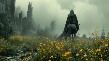 A lone rider on horseback travels through a misty field towards a ruined city in the distance.