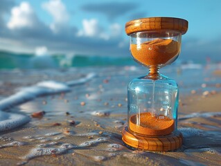 Wall Mural - A wooden hourglass sits on a sandy beach with the ocean waves in the background.