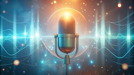 Podcast concept. Microphone with voice recording wave. Future technology, business concept