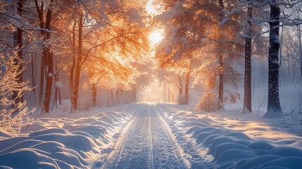 A snowy path through a winter forest with the sun shining through the trees.