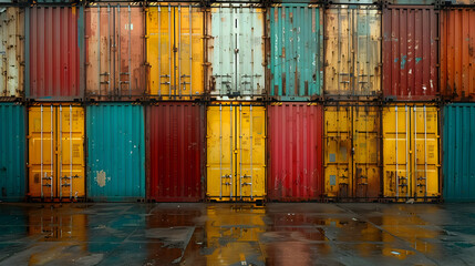 Wall Mural - Colorful Shipping Containers with Reflections in Wet Pavement - Photo