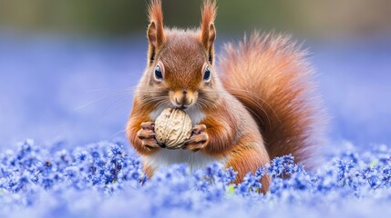 Sticker - A squirrel eating a nut in the middle of blue flowers, AI