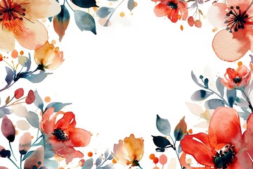 Wall Mural - Watercolor floral painted pattern frame with empty space for design. Elegant flowers and leaves. AI generating