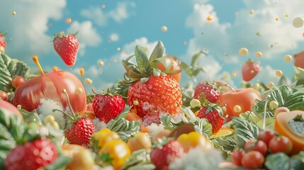 Wall Mural - A vibrant mix of fresh fruit including strawberries, apples, and oranges with a bright blue sky and fluffy white clouds in the background.