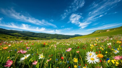 colorful summer meadow with wildflowers in full bloom, rolling hills in the background, and a bright blue sky overhead, ideal for adding copy space for text