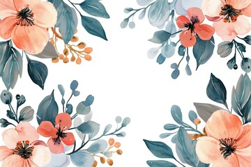 Wall Mural - Watercolor floral painted pattern frame with empty space for design. Elegant flowers and leaves. AI generating