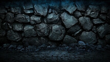 Wall Mural -   A wall composed of stones lit by blue light emanating from above the top rock and below the bottom rock