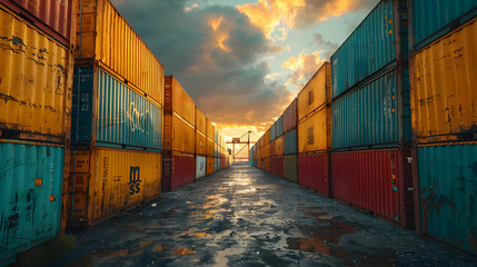 Poster - Cargo Containers Lined Up in a Row at Sunset - Realistic Image