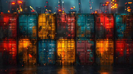 Poster - Colorful Shipping Containers at Night - 3D Illustration