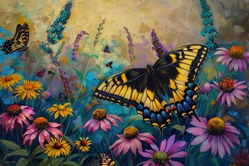 Poster - a butterfly sitting on top of a flower field butterfly garden with vibrant flowers