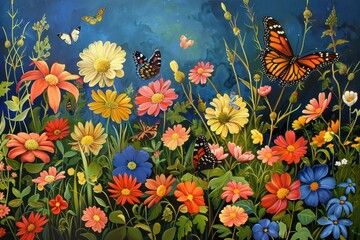Poster - a butterfly sitting on top of a flower field butterfly garden with vibrant flowers