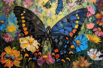 Poster - a butterfly sitting on top of a flower field butterfly garden with vibrant flowers