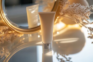 Poster - The cream tube stands upright, reflecting beautifully in the mirror, surrounded by warm, soft lighting and delicate decorations. Generative AI