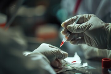 a person in blue gloves is holding a pipe and a tube of blood close-up of a blood sample being drawn from a patient