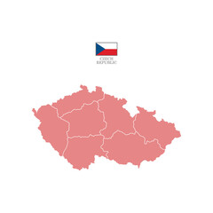 Wall Mural - Colored (red) silhouette map of Czech Republic with the outline of regions. Vector illustration with a flag.