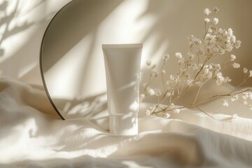 Leinwandbilder - The tube of cream stands prominently, its reflection captured in the mirror beside softly draped fabric and small flowers. Generative AI