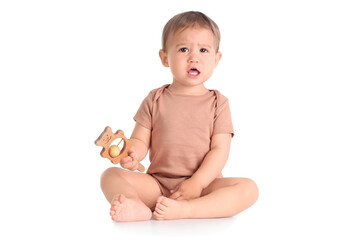 Poster - Cute baby with toy on white background