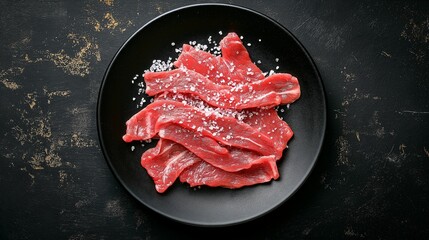 Top view of fresh raw beef slices arranged on a black plate, sprinkled with coarse sea salt, ready for cooking.